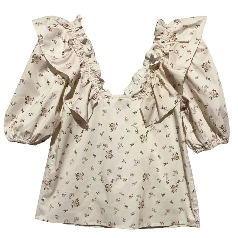 NWT Hyacinth House Romantic Ruffle Blouse Small Puff Sleeve Floral Cottagecore